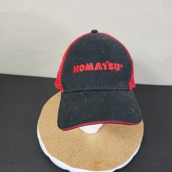 Komatsu Heavy Equipment Hat Adjustable Strap Mesh Back Red & Black Trucker